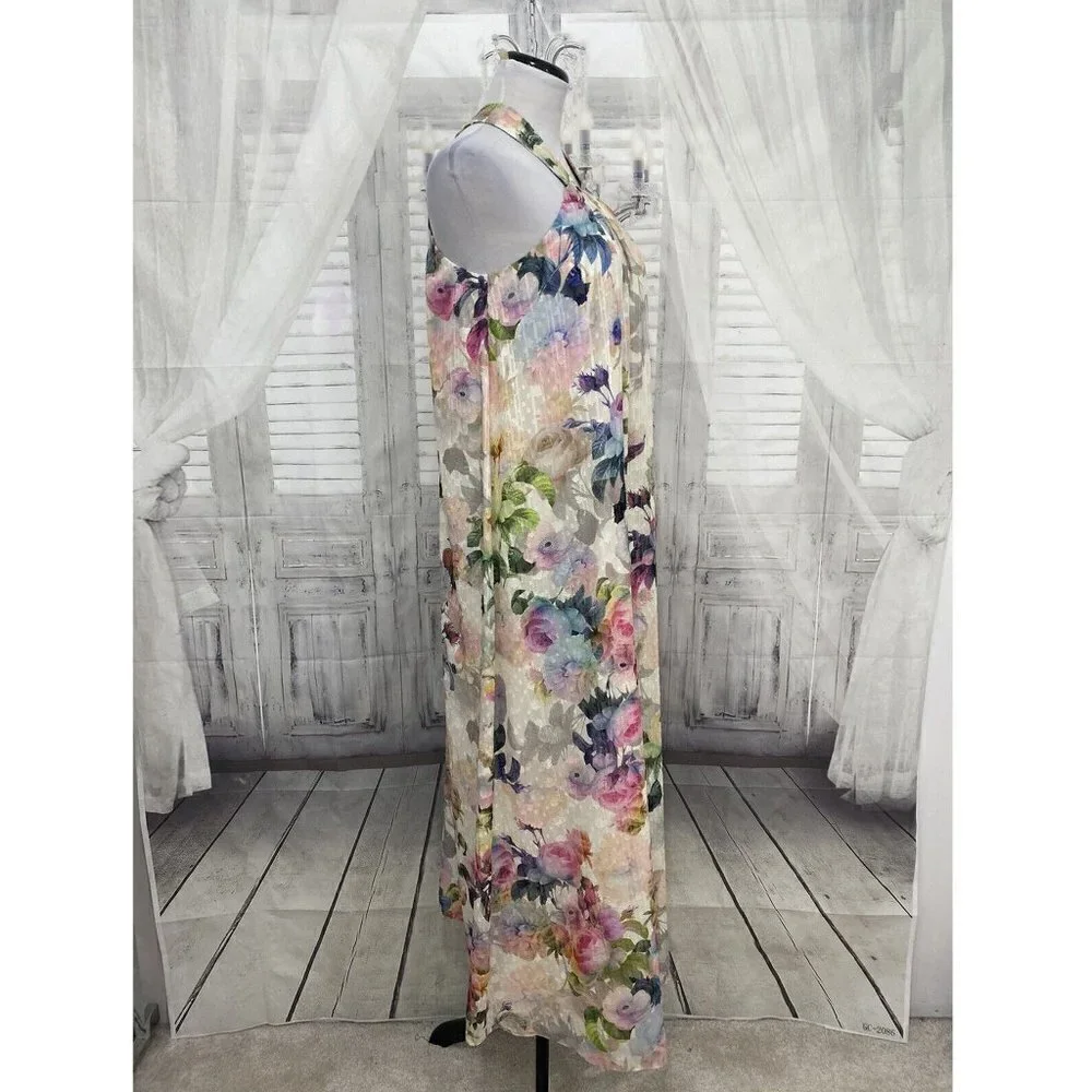 Alex Marie Ivory Pink Floral Long Maxi Sleeveless V Neck Halter Dress Easter NEW - Picture 2 of 11